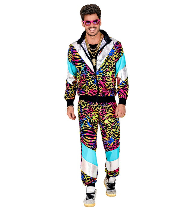 80er Jahre Party Animal Trainingsanzug mit Oberteil und Hose in buntem Retro-Design