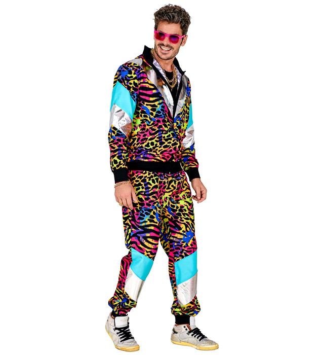 80er Jahre Party Animal Trainingsanzug mit Oberteil und Hose in buntem Retro-Design