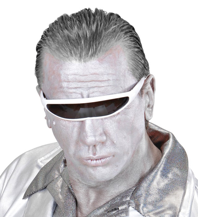 Weisse Roboterbrille als futuristisches Kostümzubehör für Fasnacht