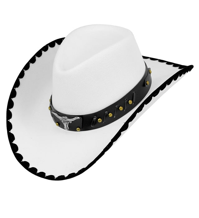 Weisser Cowboyhut aus Filz mit dekorativem Longhorn für Fasnacht und Kostüme