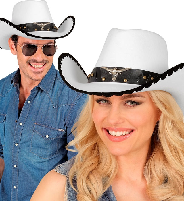 Weisser Cowboyhut aus Filz mit dekorativem Longhorn für Fasnacht und Kostüme