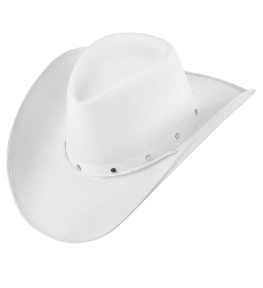 Weisser Cowboyhut aus Filz mit silbernen Nieten auf hellem Hintergrund