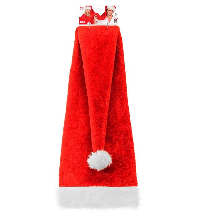 Extra lange rote Weihnachtsmannmütze aus Plüsch mit weißer Krempe, 125 cm lang