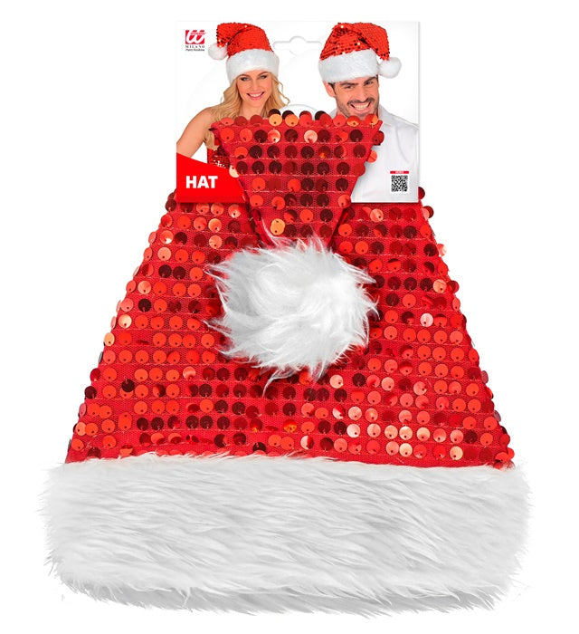 Rote Weihnachtsmannmütze mit Plüschrand und glitzernden Pailletten