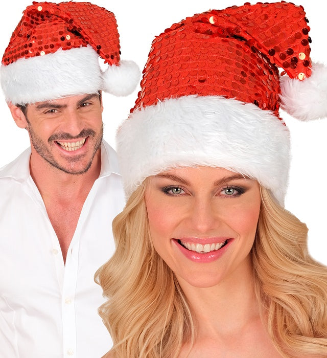 Rote Weihnachtsmannmütze mit Plüschrand und glitzernden Pailletten