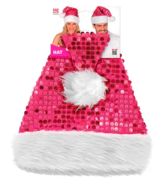 Rosa Weihnachtsmannmütze mit Plüsch und funkelnden Pailletten
