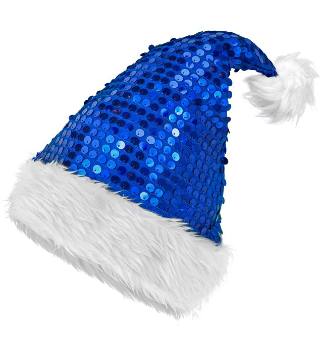 Blaue Weihnachtsmannmütze mit weißem Plüsch und glitzernden Pailletten