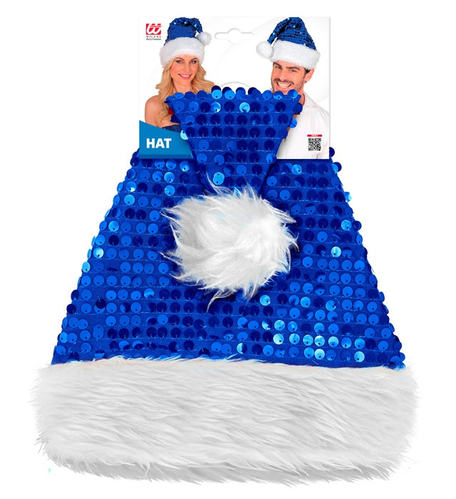Blaue Weihnachtsmannmütze mit weißem Plüsch und glitzernden Pailletten