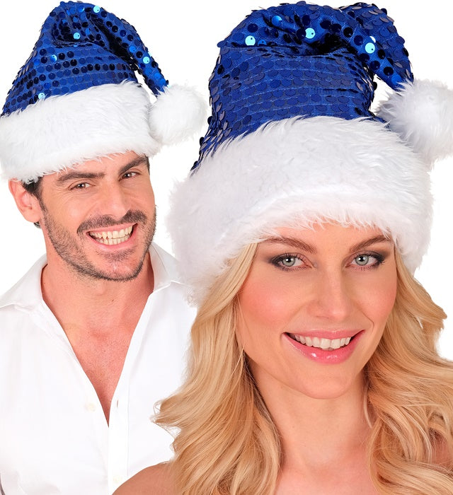 Blaue Weihnachtsmannmütze mit weißem Plüsch und glitzernden Pailletten