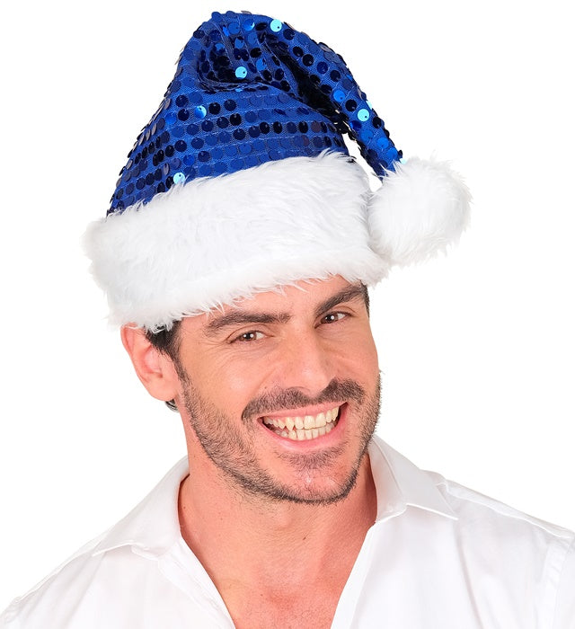 Blaue Weihnachtsmannmütze mit weißem Plüsch und glitzernden Pailletten