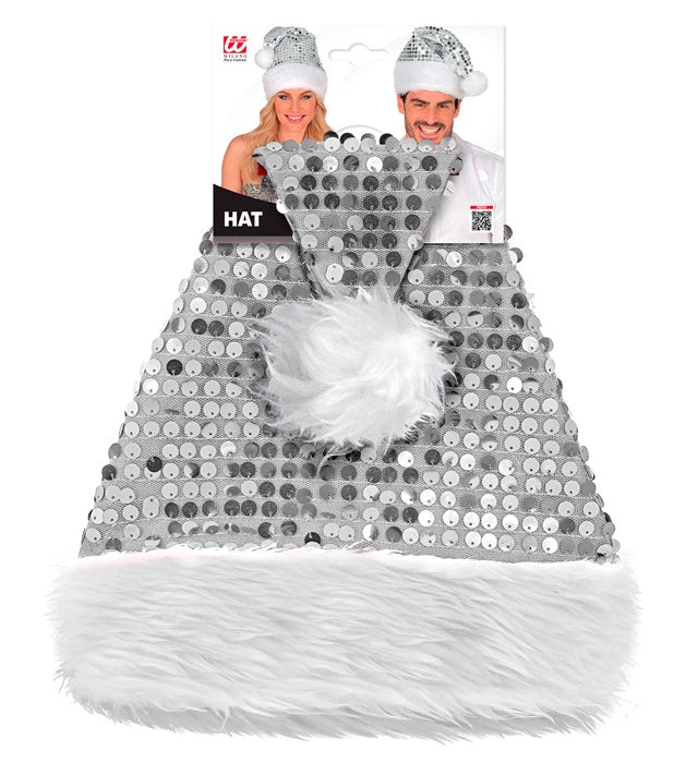 Silberne Weihnachtsmannmütze mit weichem Plüsch und funkelnden Pailletten
