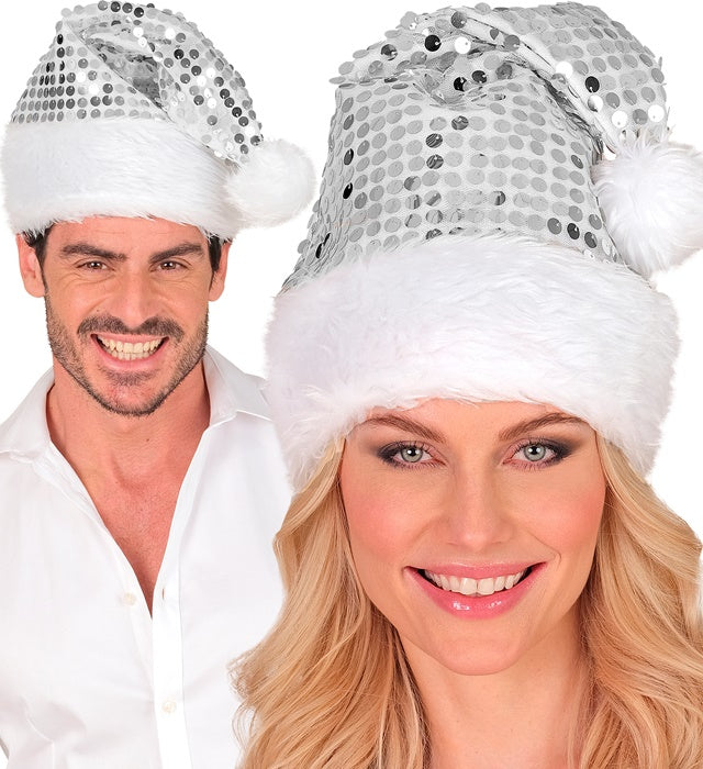 Silberne Weihnachtsmannmütze mit weichem Plüsch und funkelnden Pailletten