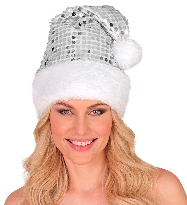 Silberne Weihnachtsmannmütze mit weichem Plüsch und funkelnden Pailletten