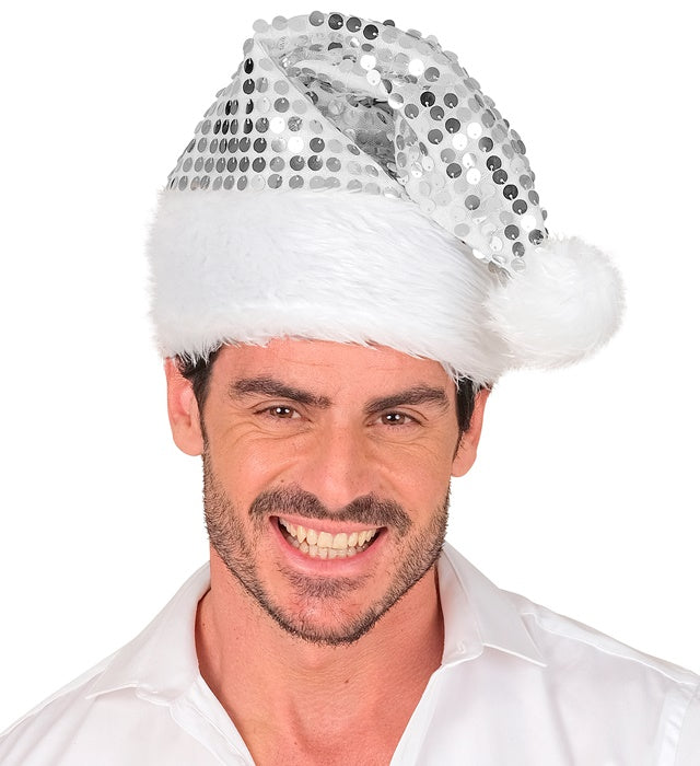 Silberne Weihnachtsmannmütze mit weichem Plüsch und funkelnden Pailletten
