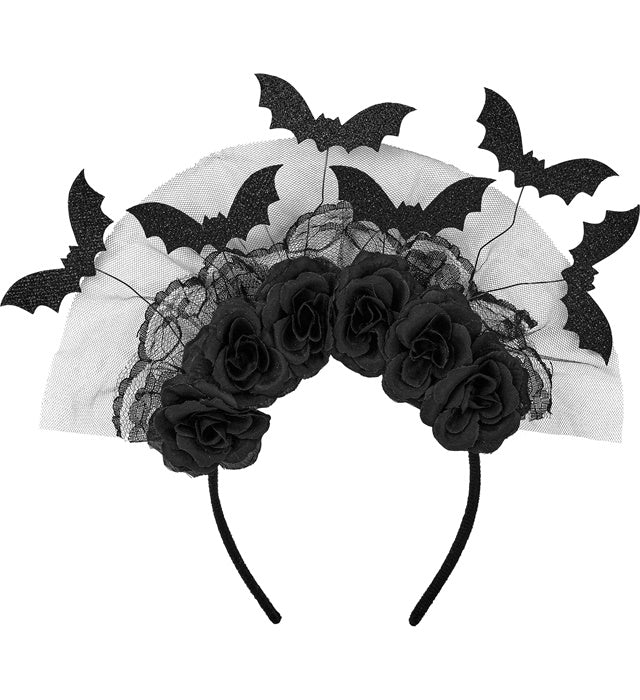 Haarreif mit schwarzen Rosen und filigranen Fledermäusen als Fasnachts-Accessoire