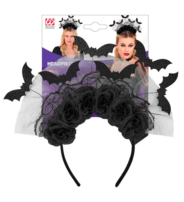 Haarreif mit schwarzen Rosen und filigranen Fledermäusen als Fasnachts-Accessoire