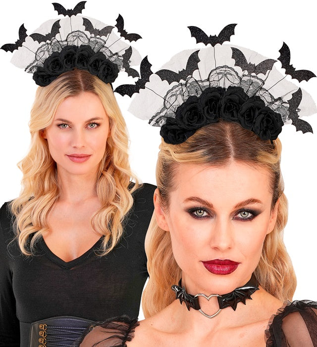 Haarreif mit schwarzen Rosen und filigranen Fledermäusen als Fasnachts-Accessoire