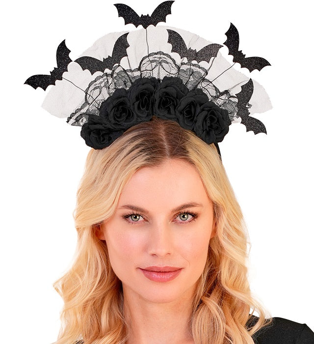 Haarreif mit schwarzen Rosen und filigranen Fledermäusen als Fasnachts-Accessoire