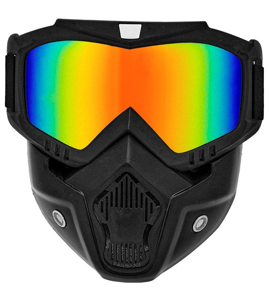 Taktische Maske mit verspiegelten Regenbogen-Gläsern auf weißem Hintergrund
