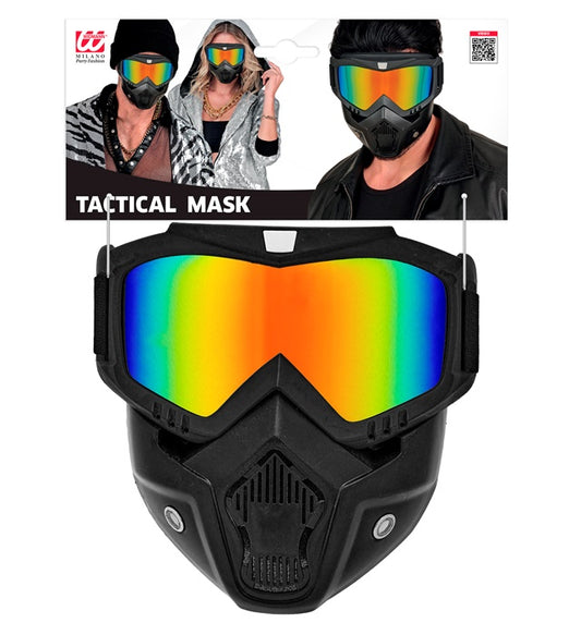 Taktische Maske mit verspiegelten Regenbogen-Gläsern auf weißem Hintergrund