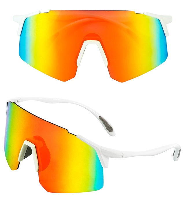Brille mit verspiegeltem Regenbogen-Glas auf neutralem Hintergrund