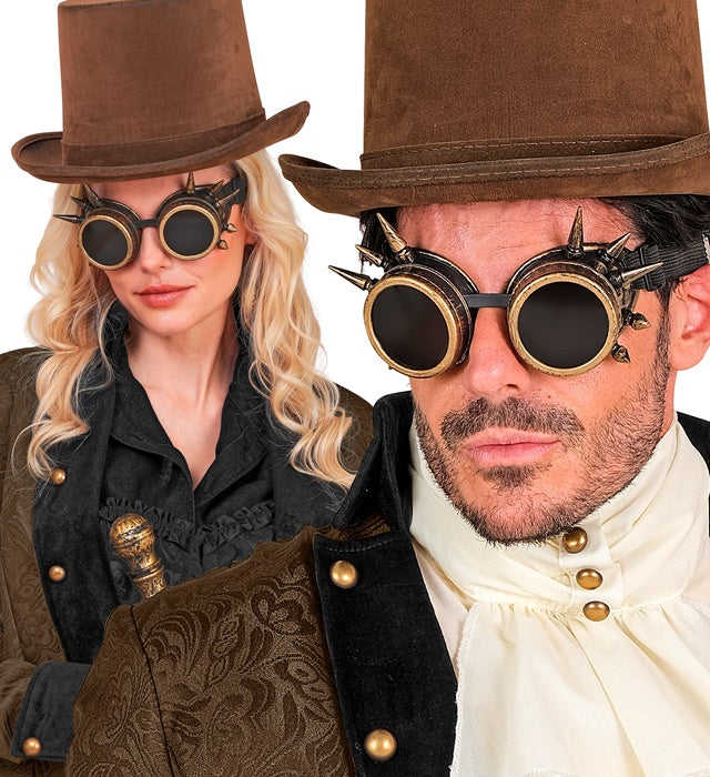 Antik goldene Steampunk Brille mit markanten Stacheln auf schwarzem Hintergrund