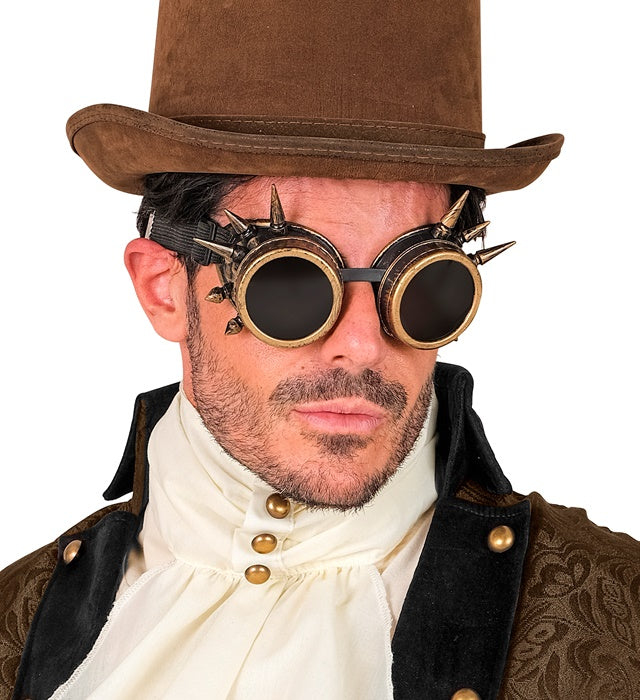 Antik goldene Steampunk Brille mit markanten Stacheln auf schwarzem Hintergrund