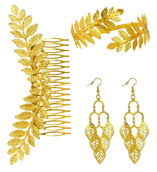 Golden glänzendes Lorbeerblatt Schmuckset bestehend aus Kopfschmuck, Ohrringen und Armband
