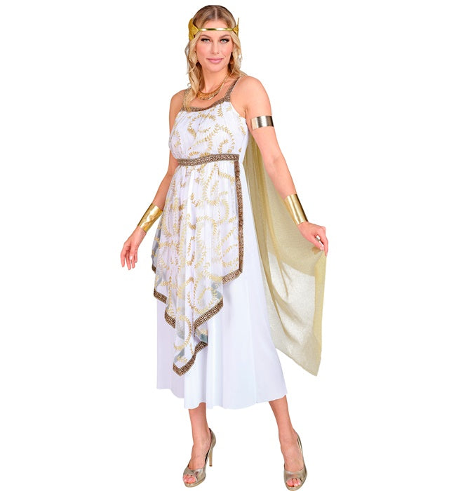 Kostüm der griechischen Göttin mit weißem Kleid, Schulterumhang und Lorbeerkranz