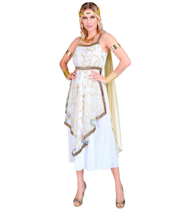 Kostüm der griechischen Göttin mit weißem Kleid, Schulterumhang und Lorbeerkranz