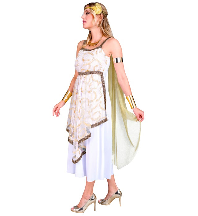 Kostüm der griechischen Göttin mit weißem Kleid, Schulterumhang und Lorbeerkranz