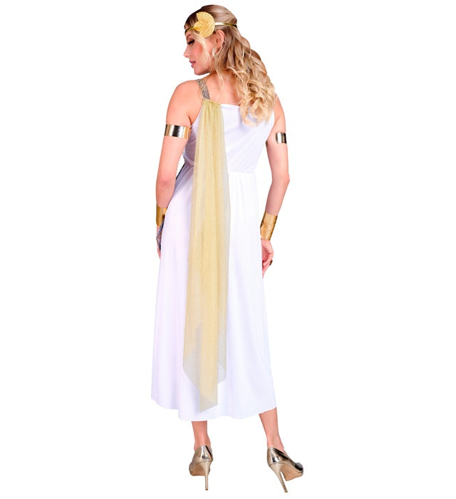 Kostüm der griechischen Göttin mit weißem Kleid, Schulterumhang und Lorbeerkranz