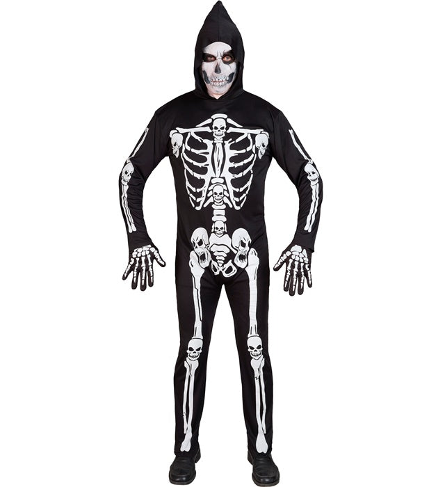 Skelett Overall mit Kapuze Fasnachtskostüm in Schwarz-Weiss mit Knochenmuster