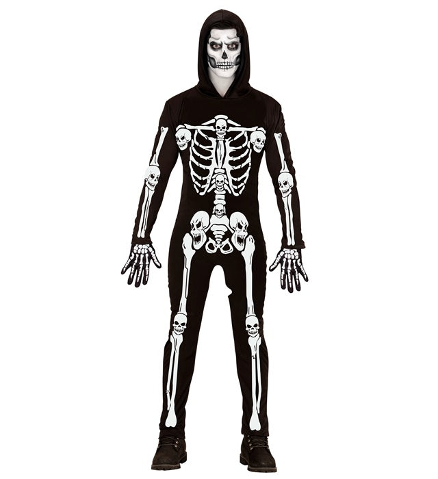 Skelett Overall mit Kapuze Fasnachtskostüm in Schwarz-Weiss mit Knochenmuster