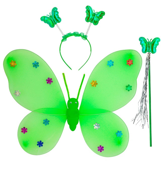 Grünes Schmetterlings-Set mit Flügeln, Haarreif und Zauberstab