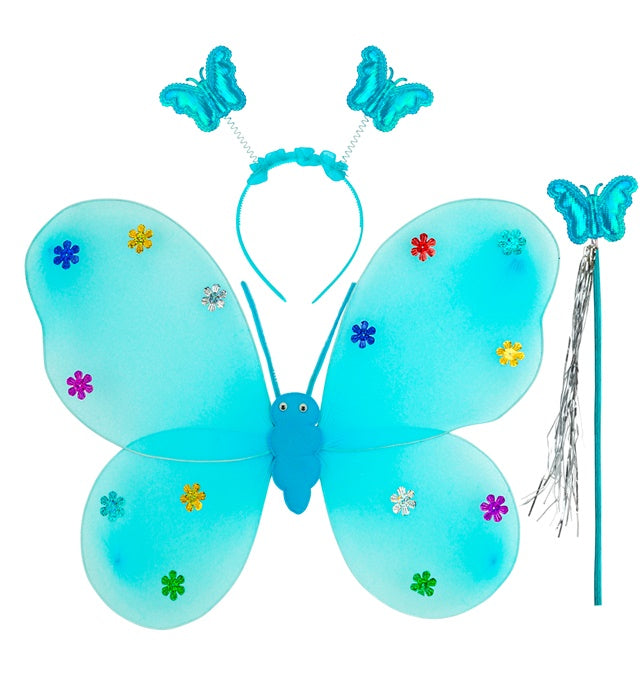 Hellblaues Schmetterlings-Set mit Flügeln, Haarreif und Zauberstab