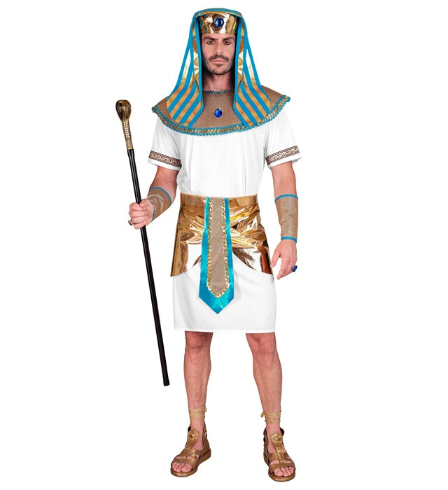 Pharao Kostüm Set mit Tunika, Gürtel, Halskragen und Kopfbedeckung auf weißem Hintergrund
