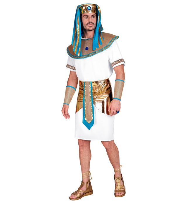 Pharao Kostüm Set mit Tunika, Gürtel, Halskragen und Kopfbedeckung auf weißem Hintergrund