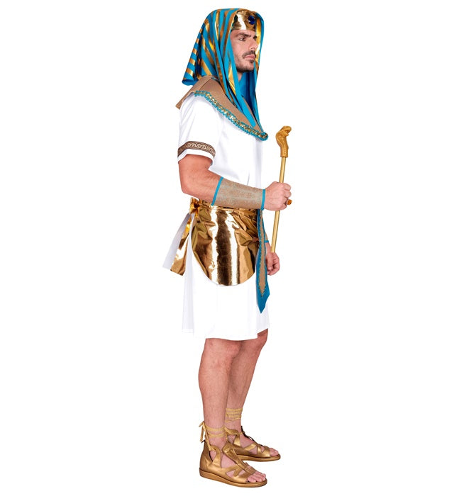 Pharao Kostüm Set mit Tunika, Gürtel, Halskragen und Kopfbedeckung auf weißem Hintergrund