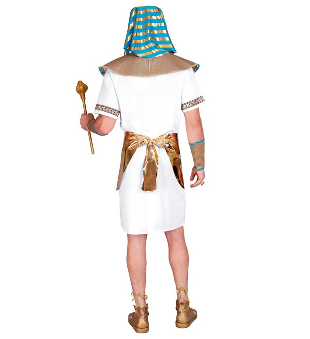 Pharao Kostüm Set mit Tunika, Gürtel, Halskragen und Kopfbedeckung auf weißem Hintergrund