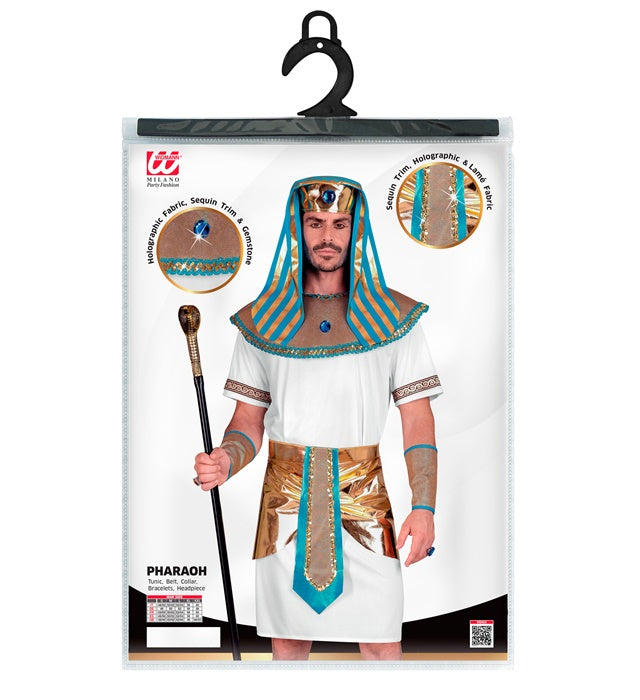 Pharao Kostüm Set mit Tunika, Gürtel, Halskragen und Kopfbedeckung auf weißem Hintergrund