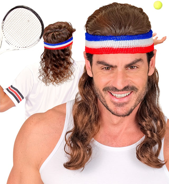 Blau-weiss-rotes Stirnband mit integrierten Haaren für Fasnacht und Sport