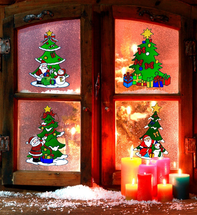 Vier verschiedene Weihnachtsbaum Fensterbilder in 30 cm Größe zur festlichen Dekoration