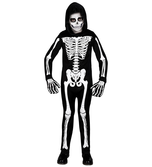 Skelett Overall mit Kapuze in schwarz-weißem Skelettdesign