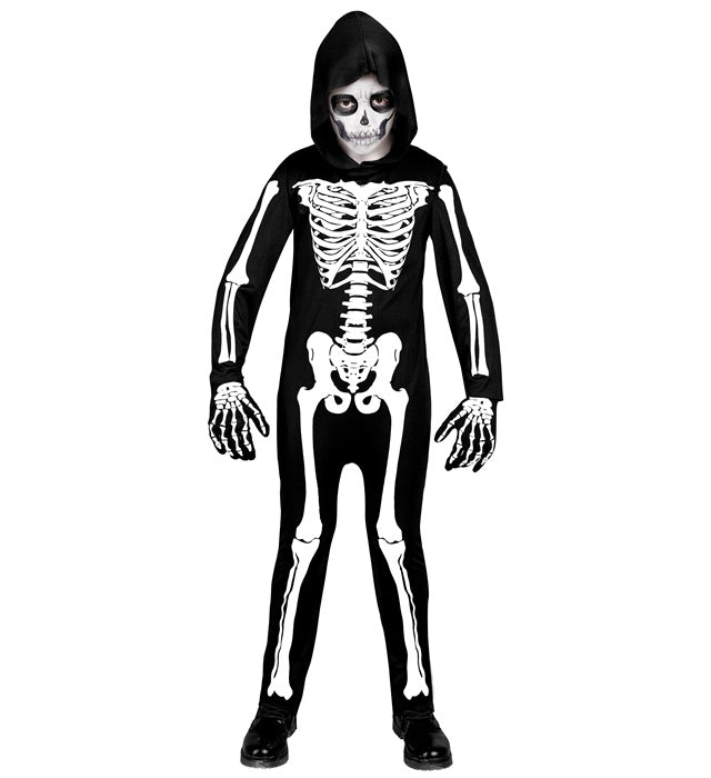 Skelett Overall mit Kapuze in schwarz-weißem Skelettdesign