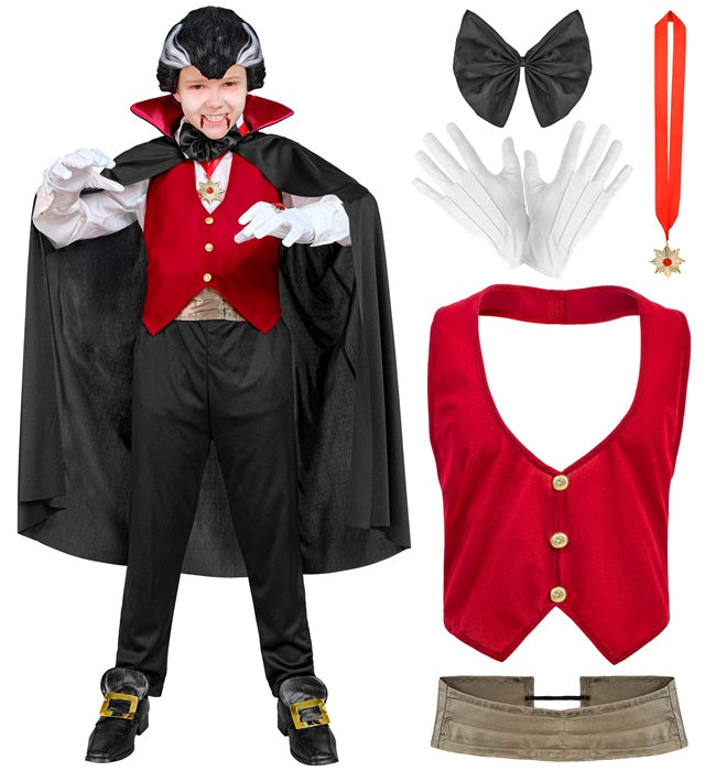 Elegantes Vampir-Kostüm mit Weste, Umhang, Fliege und Handschuhen