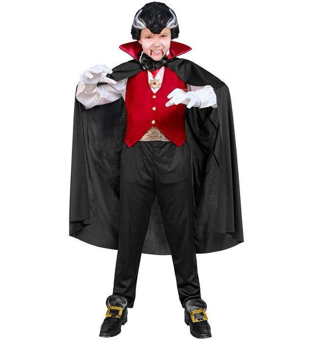 Elegantes Vampir-Kostüm mit Weste, Umhang, Fliege und Handschuhen