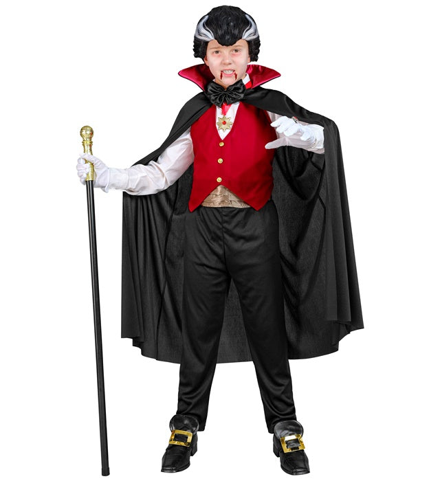 Elegantes Vampir-Kostüm mit Weste, Umhang, Fliege und Handschuhen