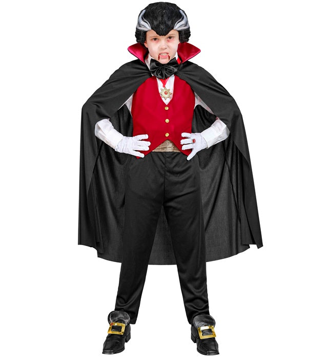 Elegantes Vampir-Kostüm mit Weste, Umhang, Fliege und Handschuhen