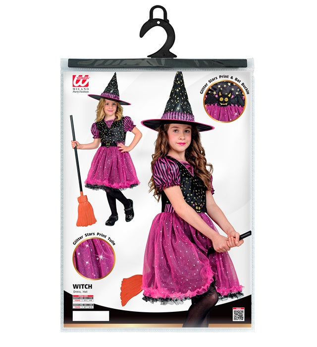Hexen-Kostüm bestehend aus schwarzem Kleid und spitzem Hexenhut für Fasnacht